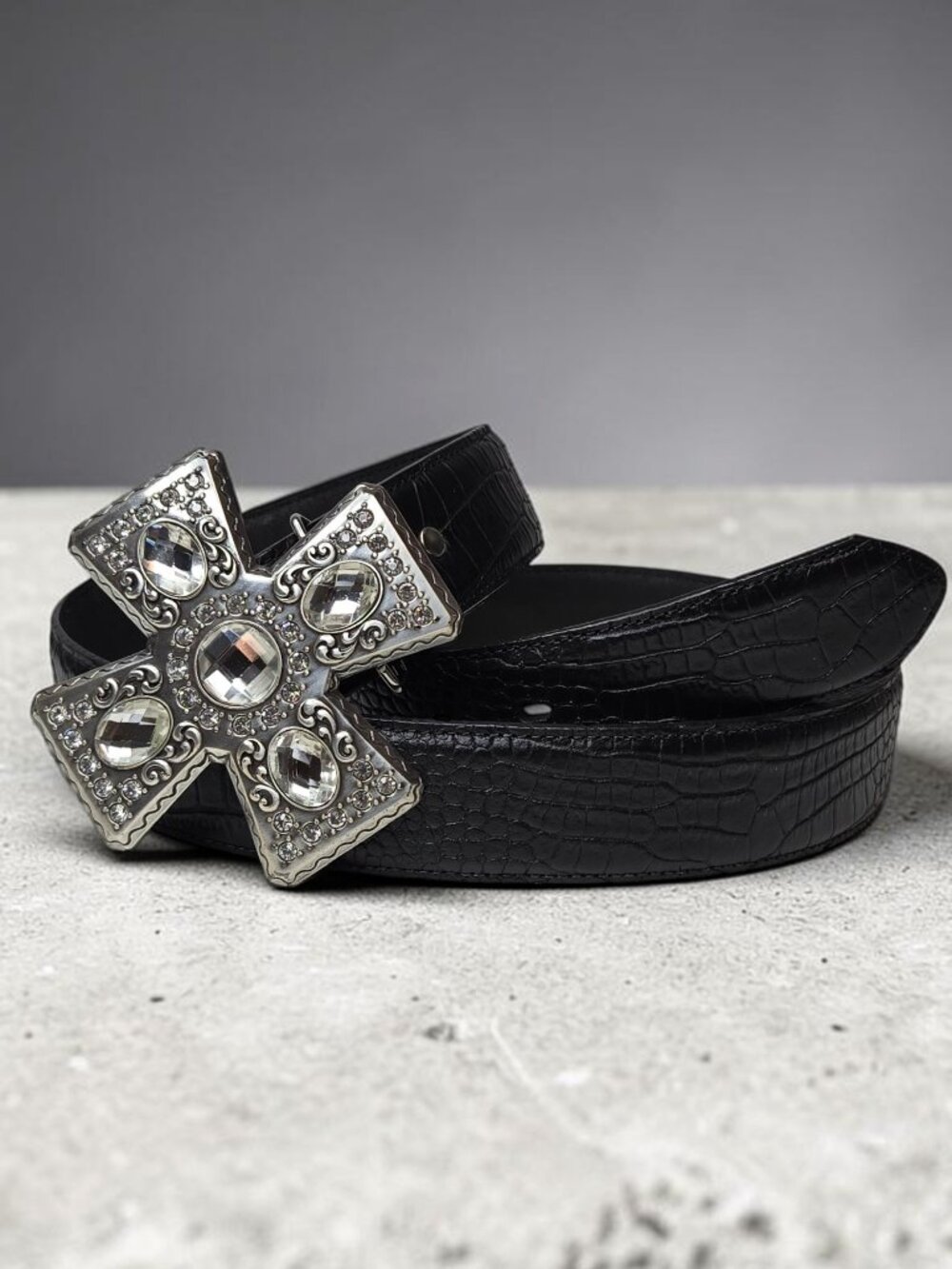 Nocona Belt Co. Croc Embossed Leather Chunky Jeweled Cross Buckle Belt L